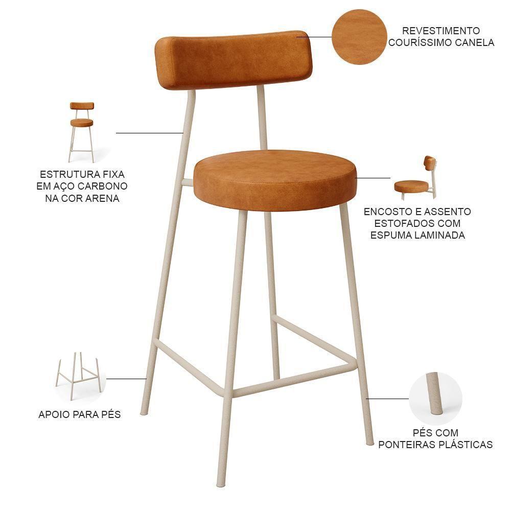 Kit 05 Banquetas Baixa Cozinha Sala Jantar Bancada Milão Arena L02 Couríssimo Canela - Lyam Decor - 4