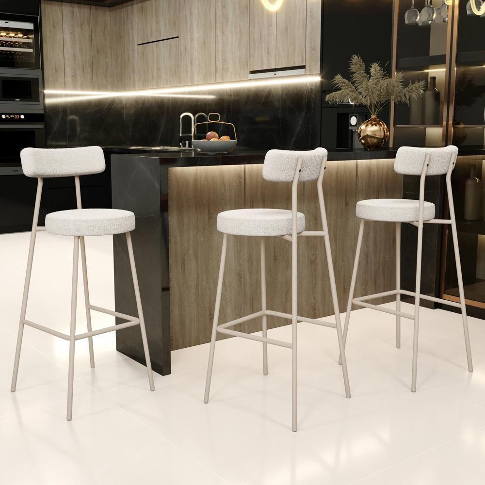 Kit 04 Banquetas Alta Bar Cozinha Sala De Jantar Aço Milão Arena L02 Bouclê Bege - Lyam Decor - 2