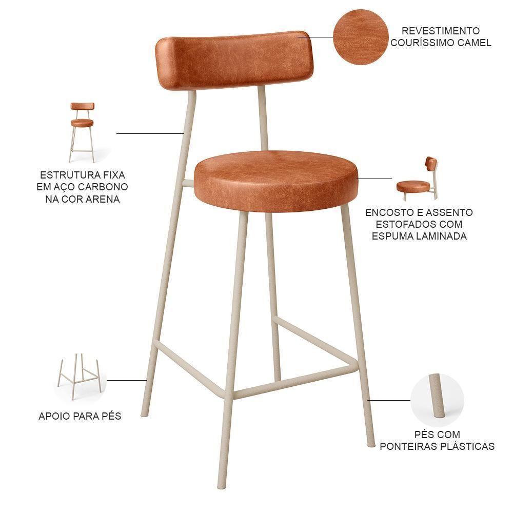 Kit 05 Banquetas Baixa Cozinha Sala Jantar Bancada Milão Arena L02 Couríssimo Camel - Lyam Decor - 4