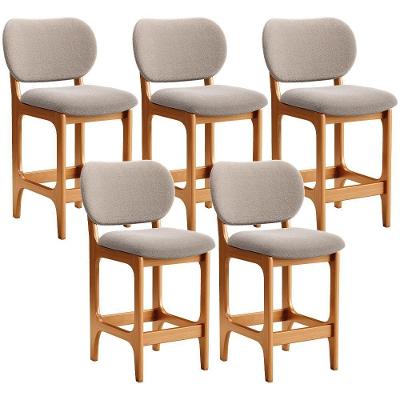 Kit 05 Banquetas Baixa Betta L02 Assento Poliéster Base Madeira Encosto Fixo Imbuia Bege
