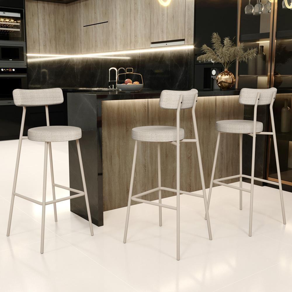 Kit 04 Banquetas Alta Bar Cozinha Sala De Jantar Estrutura Em Aço Milão L02 Bouclê Bege - Lyam Decor - 2