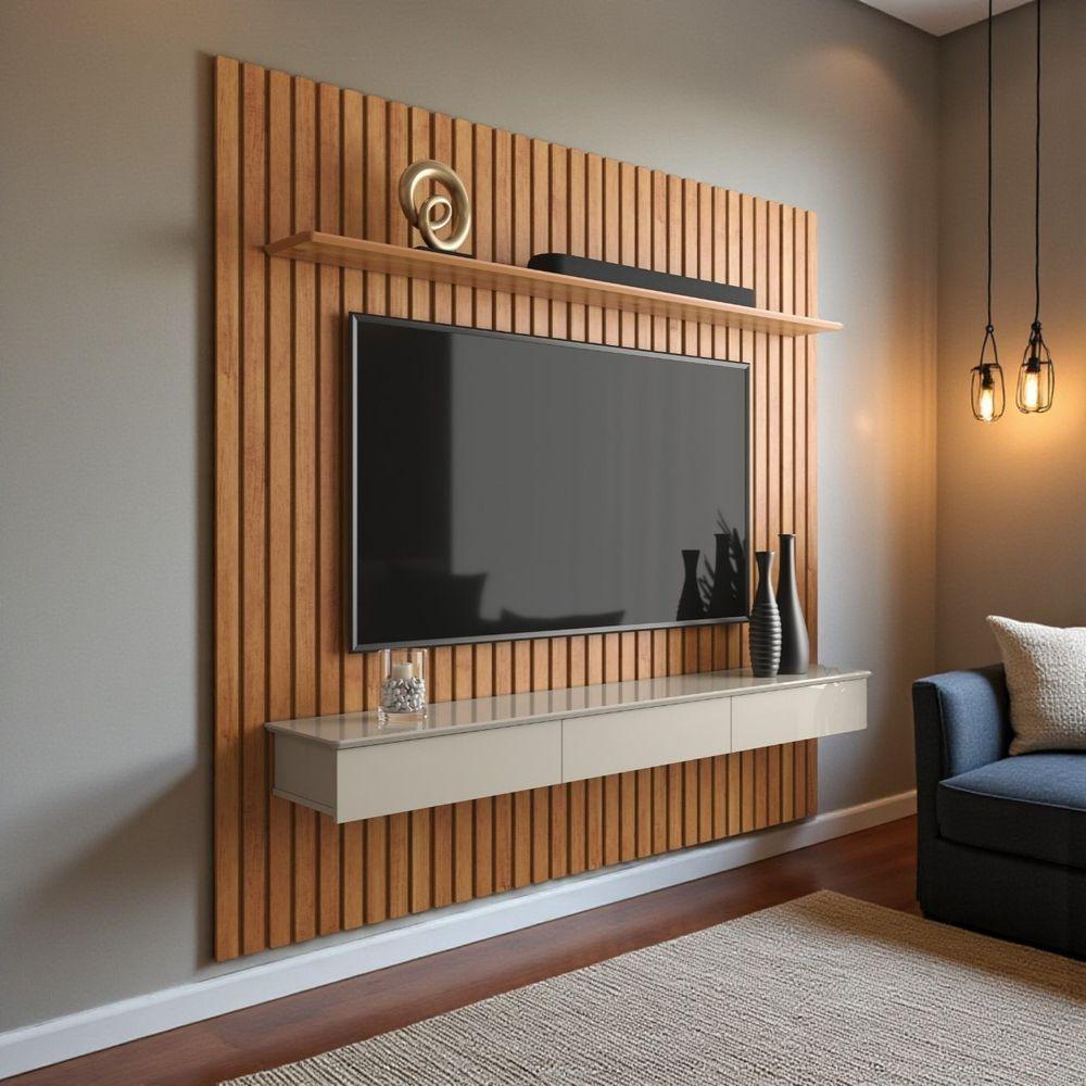 Painel Ripado Para Tv Até 75 Polegadas Home Antares Suspenso Com Nicho 3 Gavetas E Prateleira Cinamomo/off White - 2