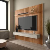 Painel Ripado Para Tv Até 75 Polegadas Home Antares Suspenso Com Nicho 3 Gavetas E Prateleira Cinamomo/off White - 1