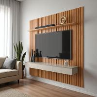 Painel Ripado Para Tv Até 75 Polegadas Home Antares Suspenso Com Nicho 3 Gavetas E Prateleira Cinamomo/off White - 3