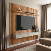 Painel Ripado Para Tv Até 75 Polegadas Home Antares Suspenso Com Nicho 3 Gavetas E Prateleira Cinamomo/off White