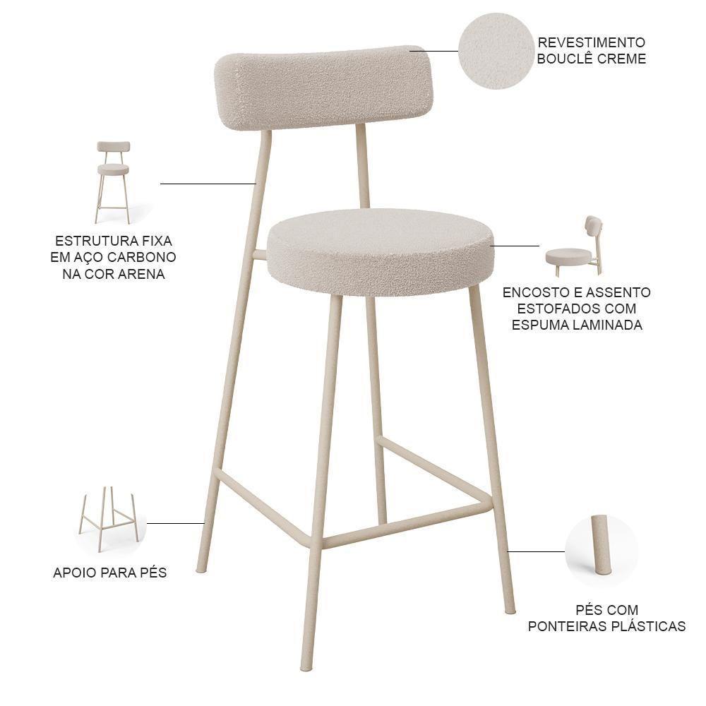 Kit 02 Banquetas Baixa Cozinha Sala Jantar Bancada Milão Arena L02 Bouclê Creme - Lyam Decor - 4