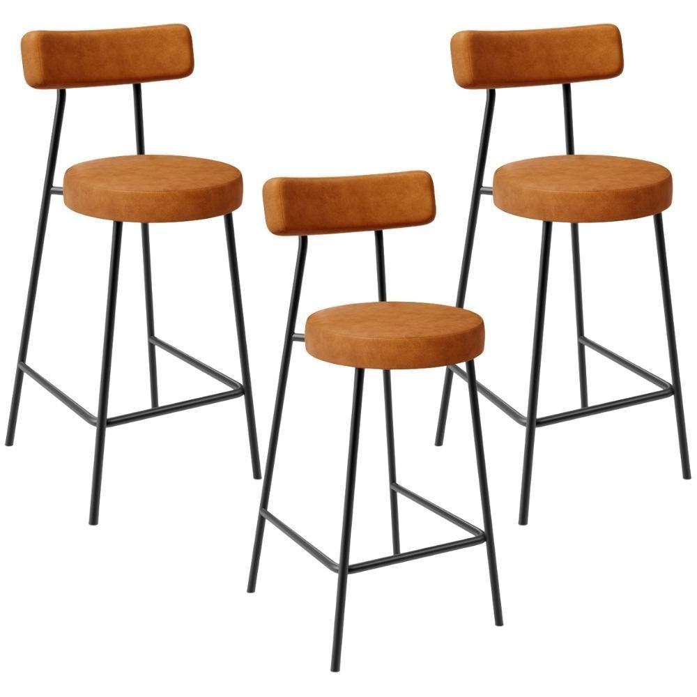 Kit 03 Banquetas Baixa Para Cozinha Sala De Jantar Bar Bancada Milão L02 Couríssimo Canela - Lyam Decor - 1