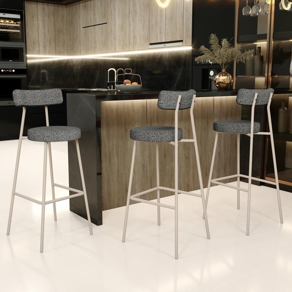 Kit 04 Banquetas Alta Bar Cozinha Sala De Jantar Aço Milão Arena L02 Linho Mescla Chumbo - Lyam Decor - 2