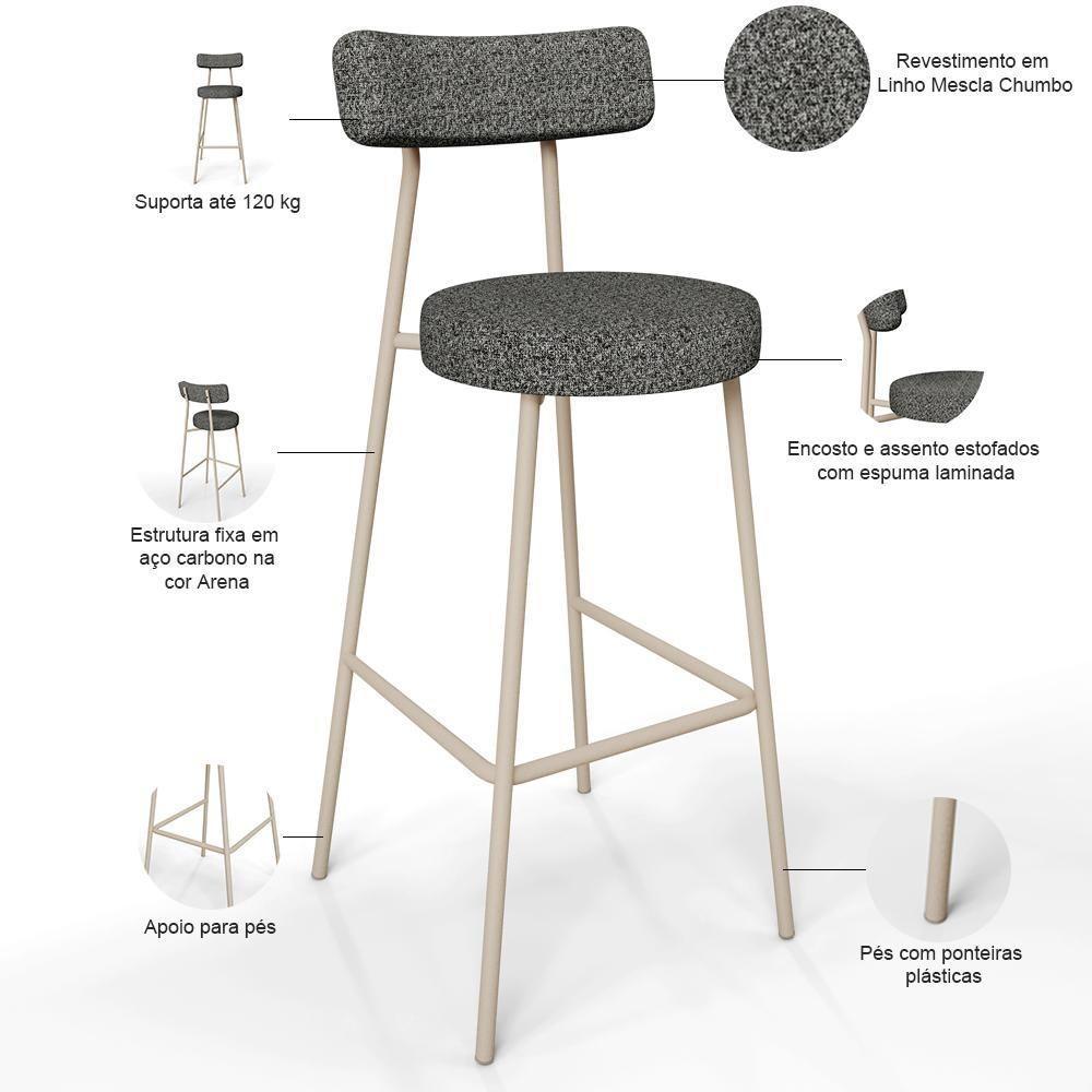 Kit 04 Banquetas Alta Bar Cozinha Sala De Jantar Aço Milão Arena L02 Linho Mescla Chumbo - Lyam Decor - 4