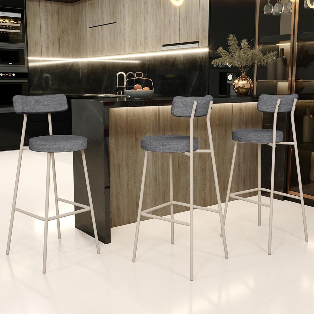 Kit 04 Banquetas Alta Bar Cozinha Sala De Jantar Aço Milão Arena L02 Linho Cinza Escuro - Lyam Decor - 2