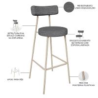 Kit 04 Banquetas Alta Bar Cozinha Sala De Jantar Aço Milão Arena L02 Linho Cinza Escuro - Lyam Decor