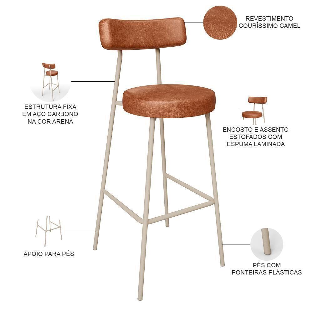 Kit 04 Banquetas Alta Bar Cozinha Sala De Jantar Aço Milão Arena L02 Couríssimo Camel - Lyam Decor - 4