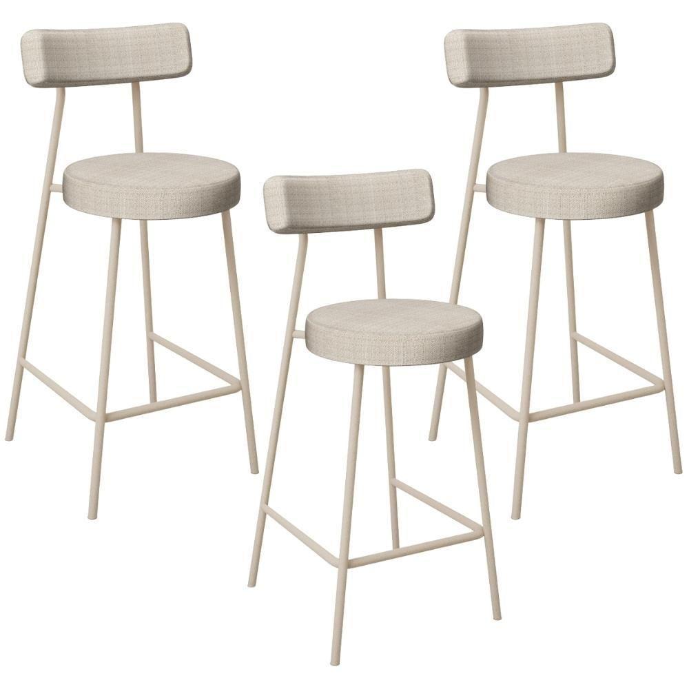 Kit 03 Banquetas Baixa Cozinha Sala Jantar Bancada Milão Arena L02 Linho Palha - Lyam Decor - 1