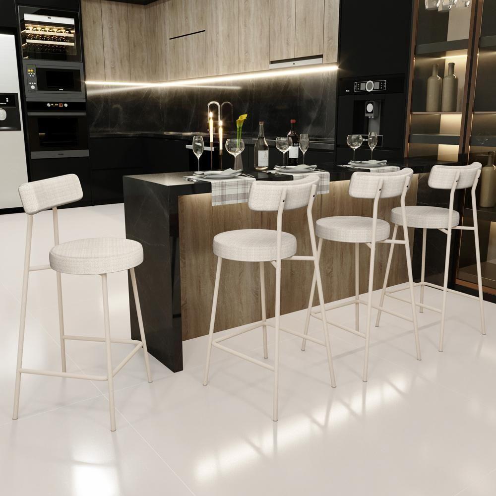 Kit 03 Banquetas Baixa Cozinha Sala Jantar Bancada Milão Arena L02 Linho Palha - Lyam Decor - 4