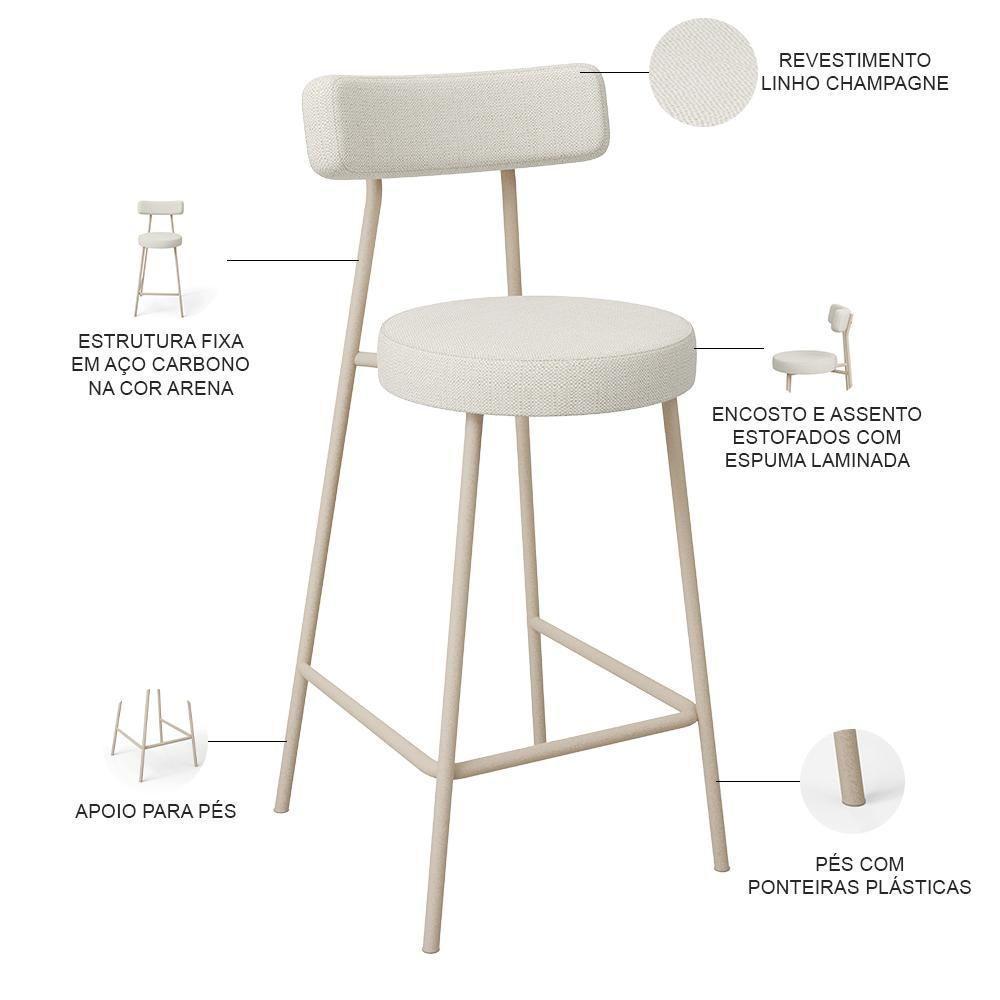Kit 03 Banquetas Baixa Cozinha Sala Jantar Bancada Milão Arena L02 Linho Champagne - Lyam Decor - 4