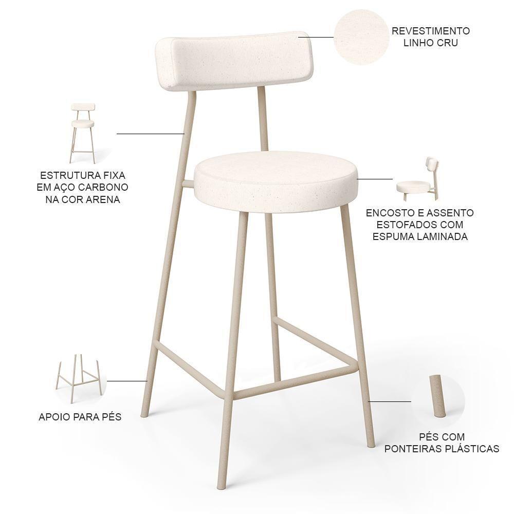 Kit 04 Banquetas Baixa Cozinha Sala Jantar Bancada Milão Arena L02 Linho Cru - Lyam Decor - 4