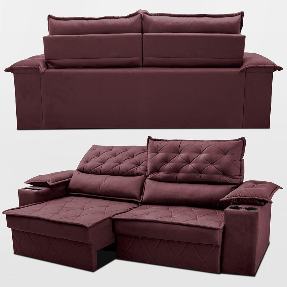 Sofá Retrátil E Reclinável 2,10m Com Porta Copos E Molas Cosmos. Velusoft Cama Inbox Vinho - 7