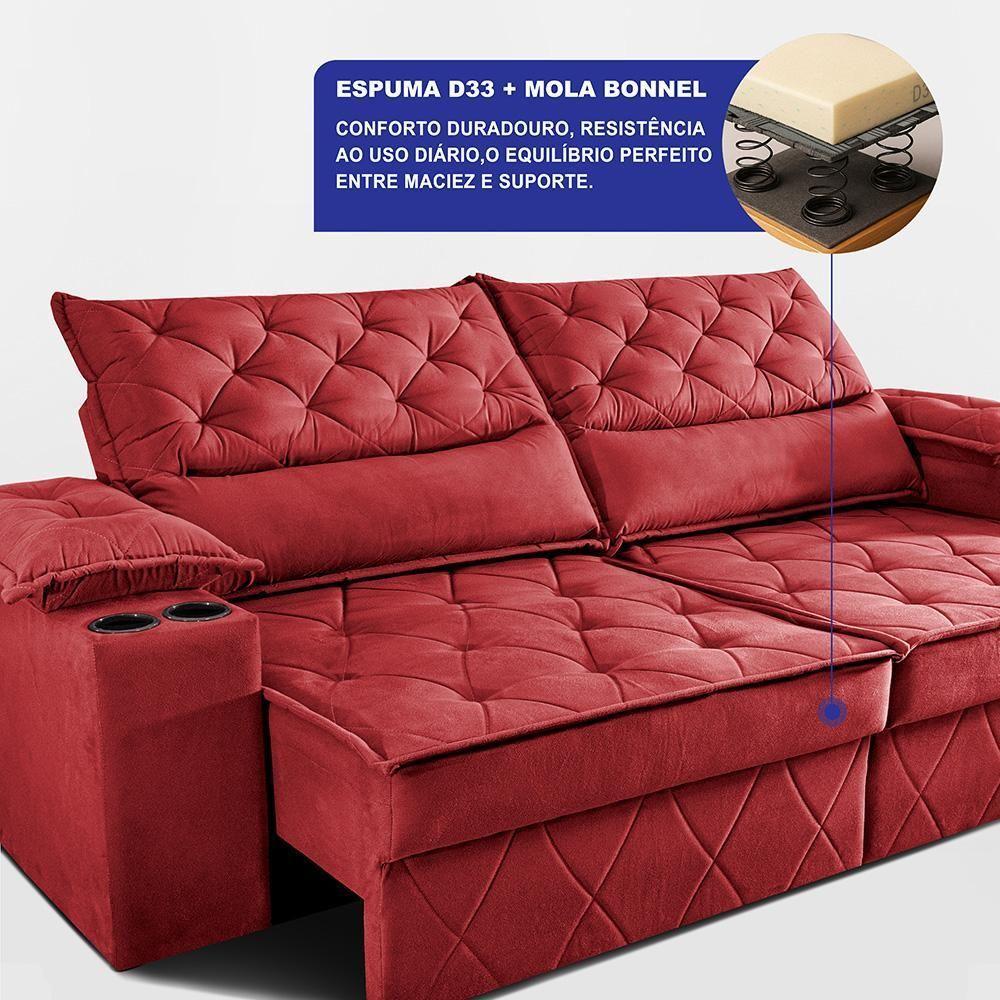 Sofá Retrátil E Reclinável 2,40m Com Porta Copos E Molas Cosmos. Velusoft Cama Inbox Vermelho - 4