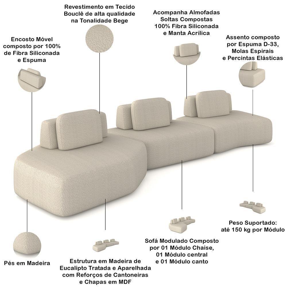 Sofá Ilha Modular Para Sala Living Orgânico 480cm Angra K01 Bouclê Bege - Lyam Decor - 7