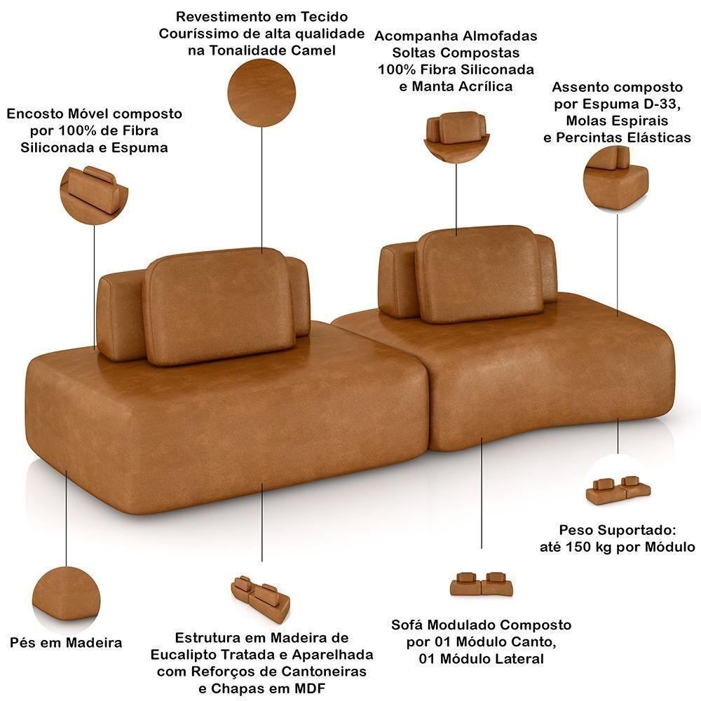 Sofá Ilha Modular Para Sala Living Orgânico 315cm Angra K01 Couríssimo Camel - Lyam Decor - 4