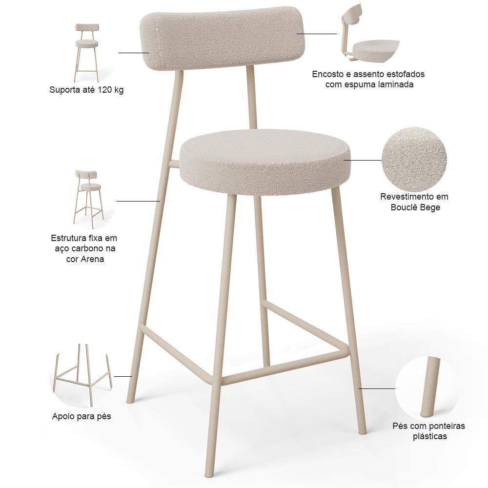 Kit 04 Banquetas Baixa Cozinha Sala Jantar Bancada Milão Arena L02 Bouclê Bege - Lyam Decor - 4