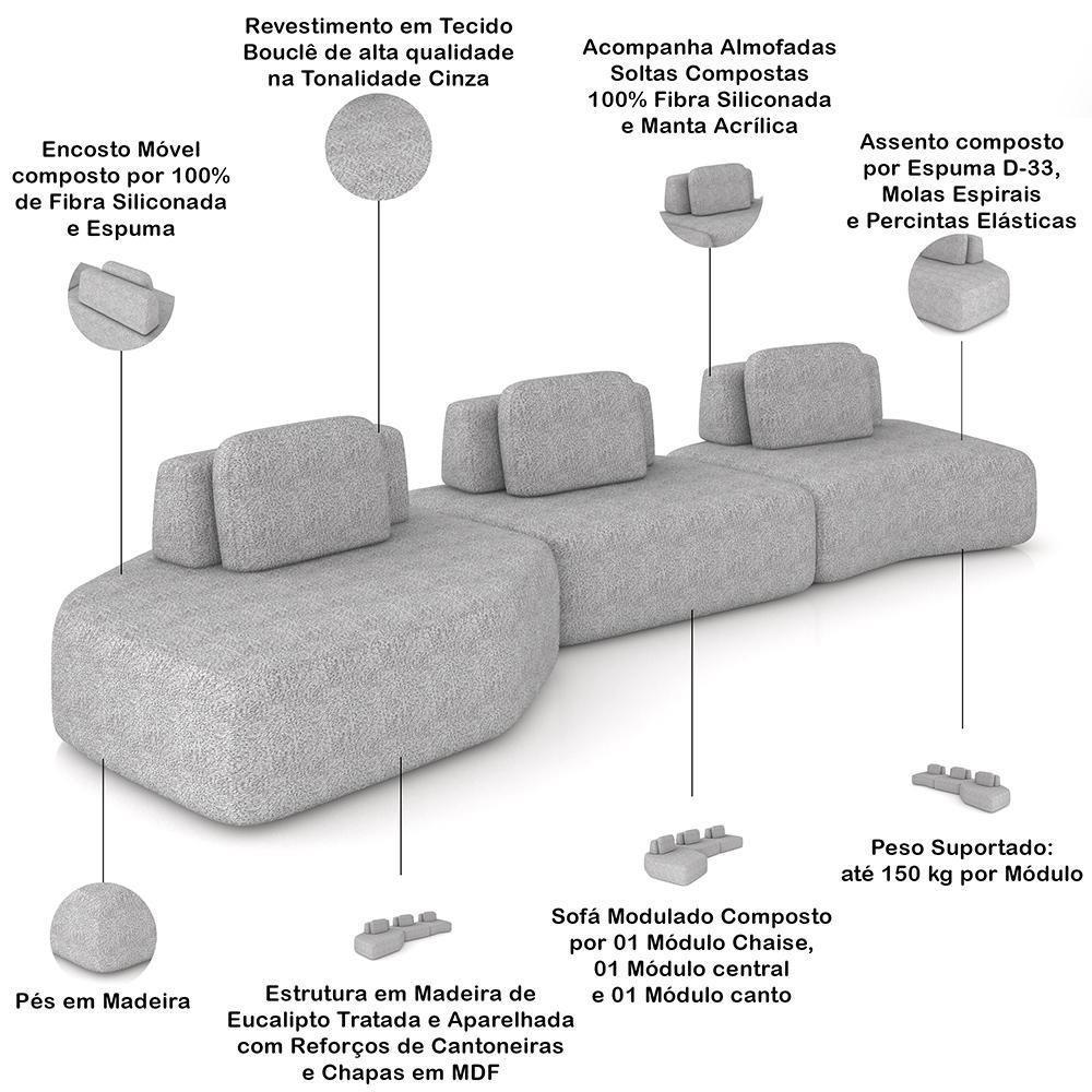 Sofá Ilha Modular Para Sala Living Orgânico 480cm Angra K01 Bouclê Cinza - Lyam Decor - 4