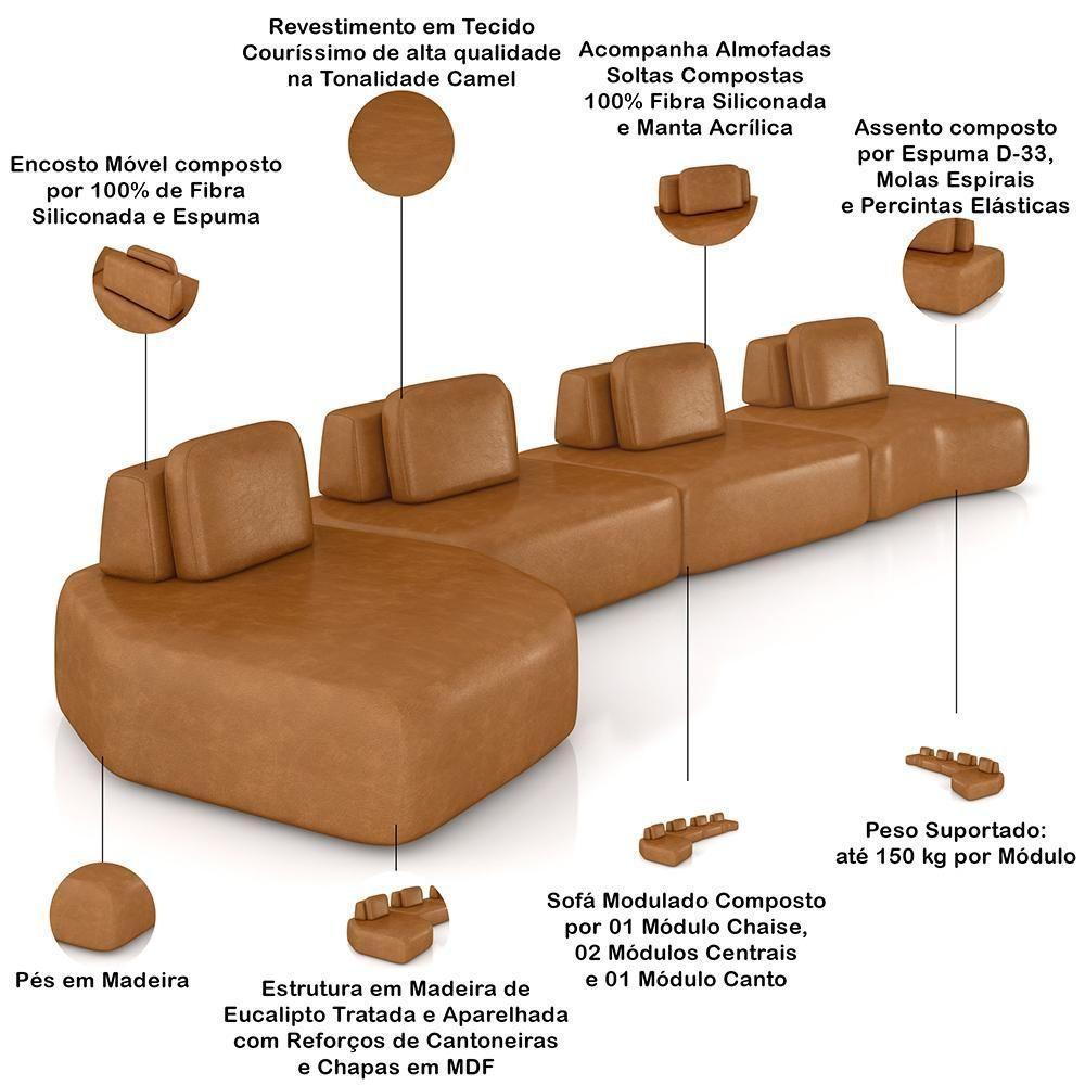Sofá Ilha Modular Para Sala Living Orgânico 620cm Angra K01 Couríssimo Camel - Lyam Decor - 3