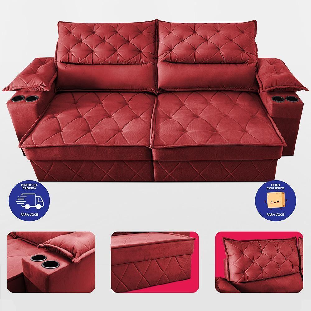 Sofá Retrátil E Reclinável 2,10m Com Porta Copos E Molas Cosmos. Velusoft Cama Inbox Vermelho - 5