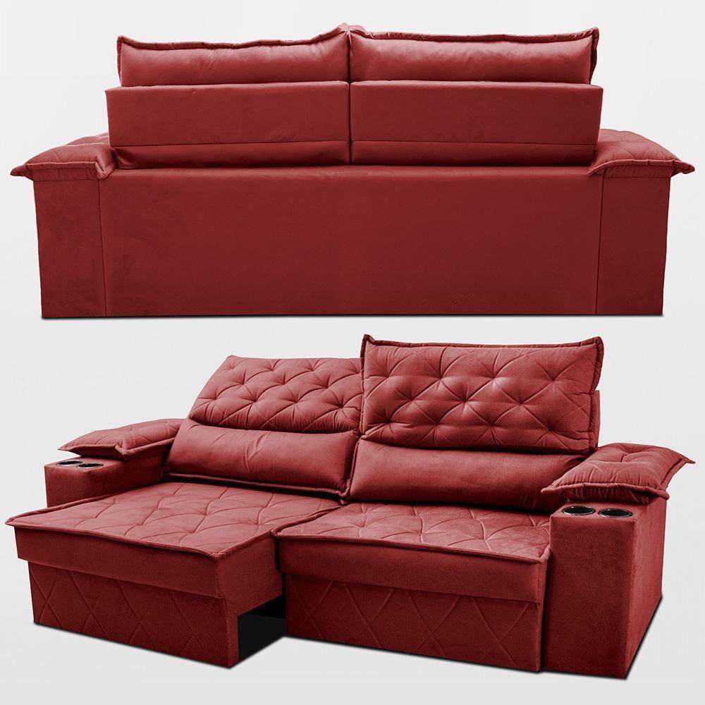 Sofá Retrátil E Reclinável 2,10m Com Porta Copos E Molas Cosmos. Velusoft Cama Inbox Vermelho - 7