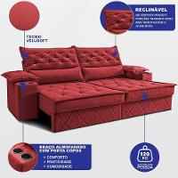 Sofá Retrátil E Reclinável 2,10m Com Porta Copos E Molas Cosmos. Velusoft Cama Inbox Vermelho - 2