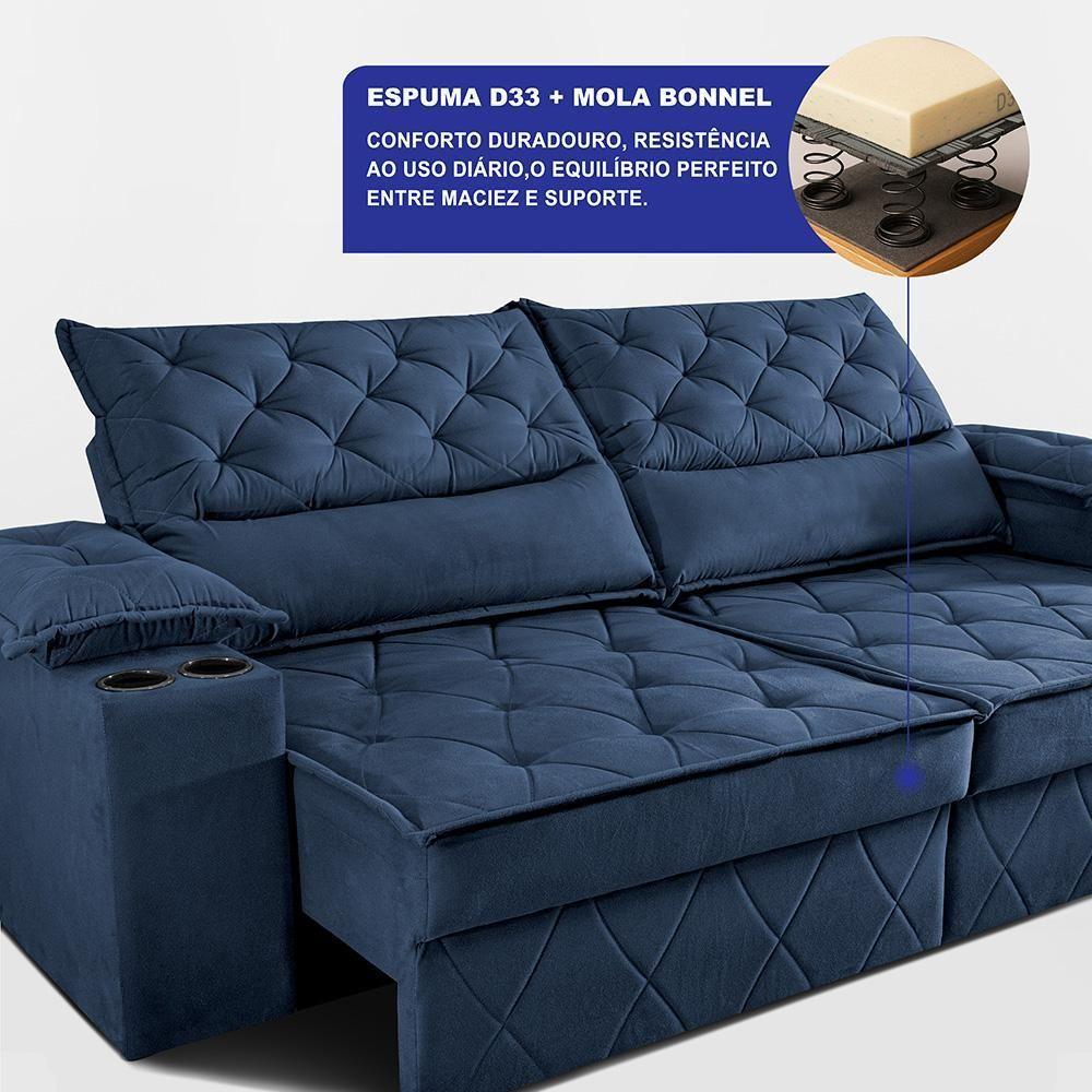 Sofá Retrátil E Reclinável 2,10m Com Porta Copos E Molas Cosmos. Velusoft Cama Inbox Azul - 4