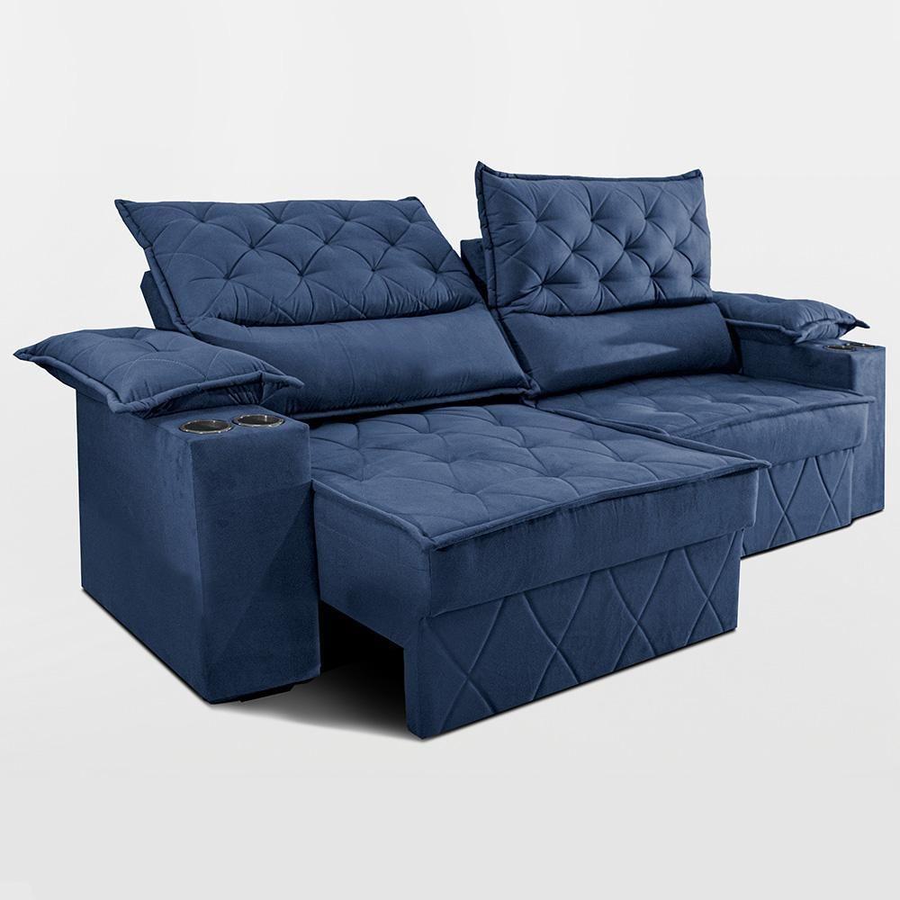 Sofá Retrátil E Reclinável 2,10m Com Porta Copos E Molas Cosmos. Velusoft Cama Inbox Azul - 6