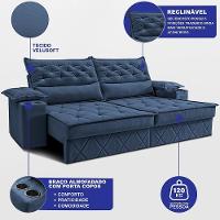 Sofá Retrátil E Reclinável 2,10m Com Porta Copos E Molas Cosmos. Velusoft Cama Inbox Azul - 2
