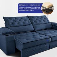 Sofá Retrátil E Reclinável 2,10m Com Porta Copos E Molas Cosmos. Velusoft Cama Inbox Azul