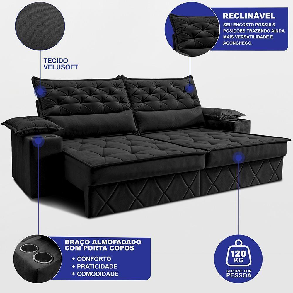 Sofá Retrátil E Reclinável 2,40m Com Porta Copos E Molas Cosmos. Velusoft Cama Inbox Preto - 2