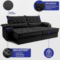 Sofá Retrátil E Reclinável 2,40m Com Porta Copos E Molas Cosmos. Velusoft Cama Inbox Preto - 2