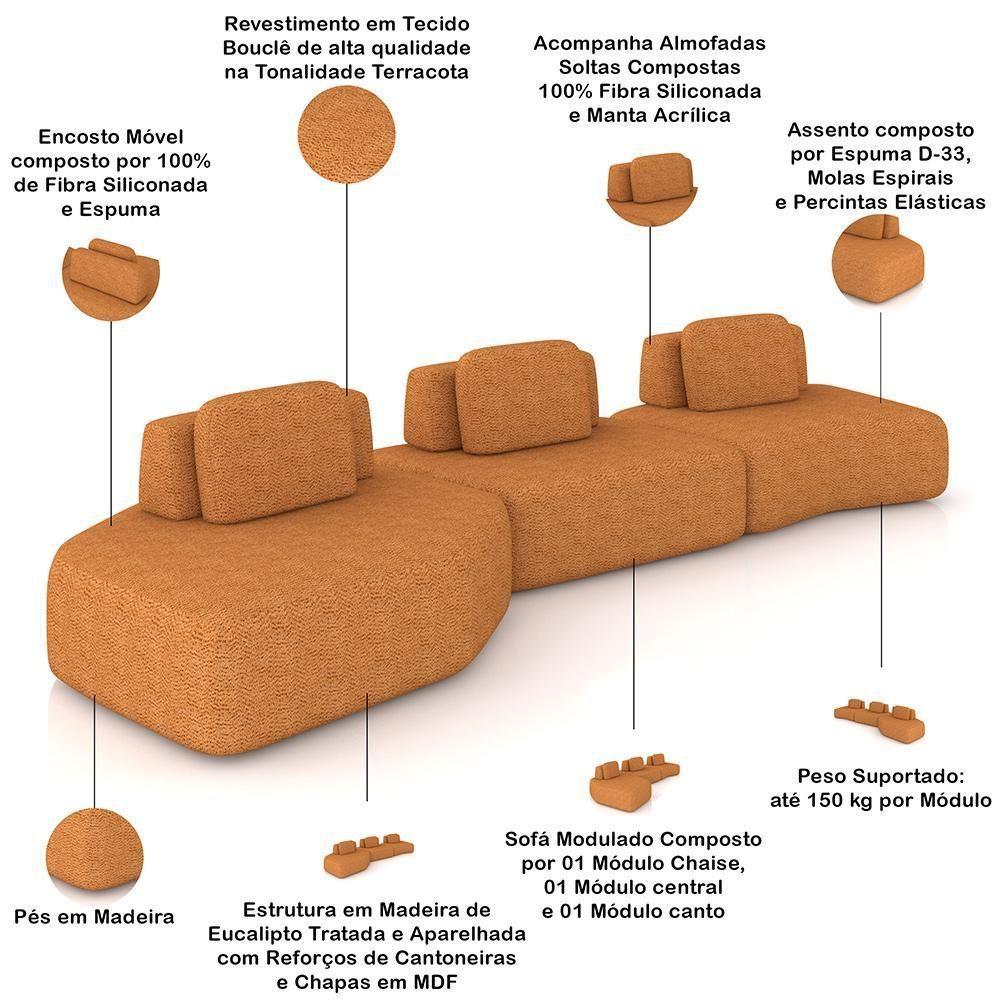 Sofá Ilha Modular Para Sala Living Orgânico 480cm Angra K01 Bouclê Terracota - Lyam Decor - 4