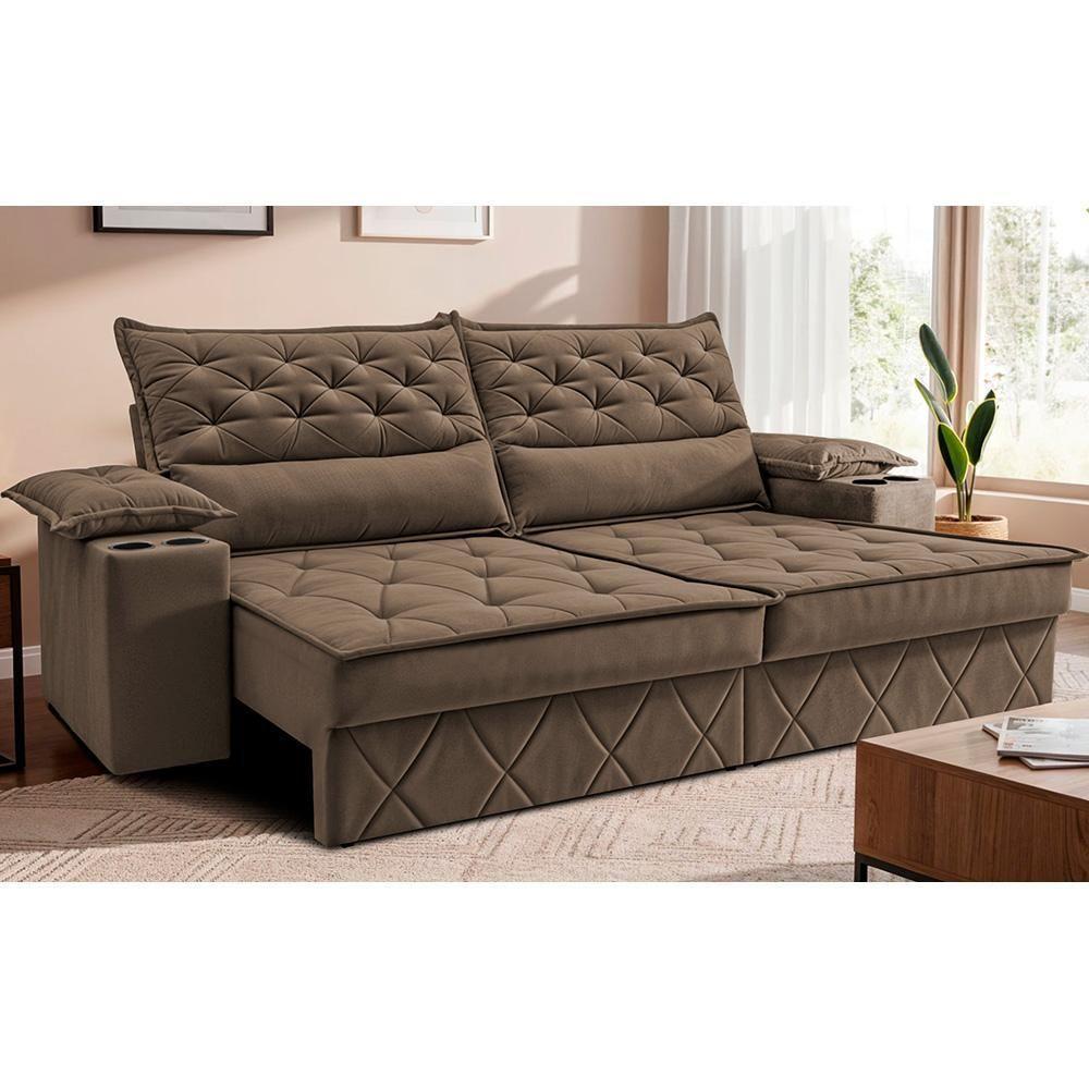 Sofá Retrátil E Reclinável 2,40m Com Porta Copos E Molas Cosmos. Velusoft Cama Inbox Castor - 1