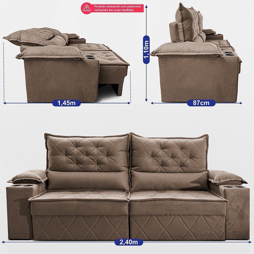 Sofá Retrátil E Reclinável 2,40m Com Porta Copos E Molas Cosmos. Velusoft Cama Inbox Castor - 3