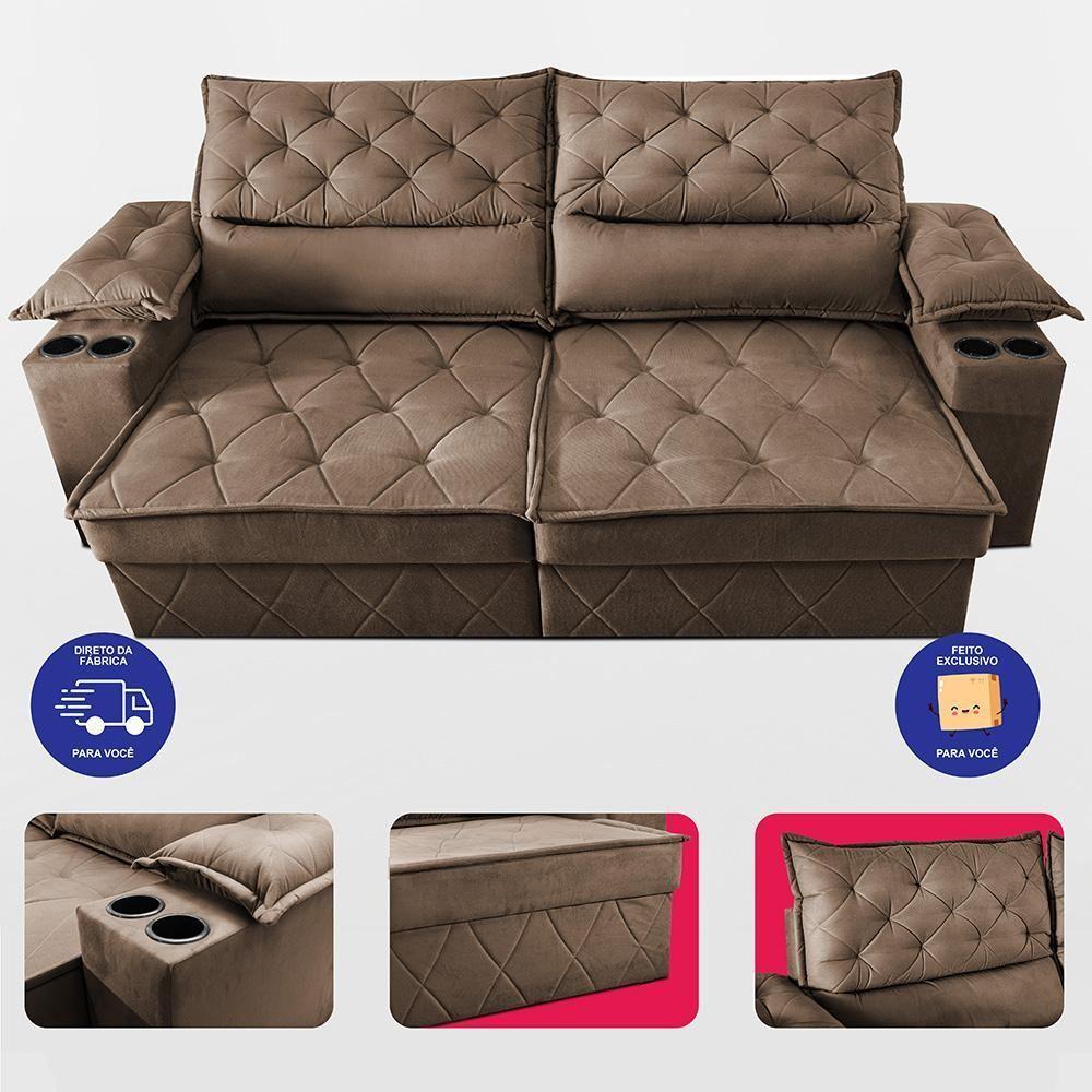 Sofá Retrátil E Reclinável 2,40m Com Porta Copos E Molas Cosmos. Velusoft Cama Inbox Castor - 5