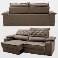 Sofá Retrátil E Reclinável 2,40m Com Porta Copos E Molas Cosmos. Velusoft Cama Inbox Castor - 7