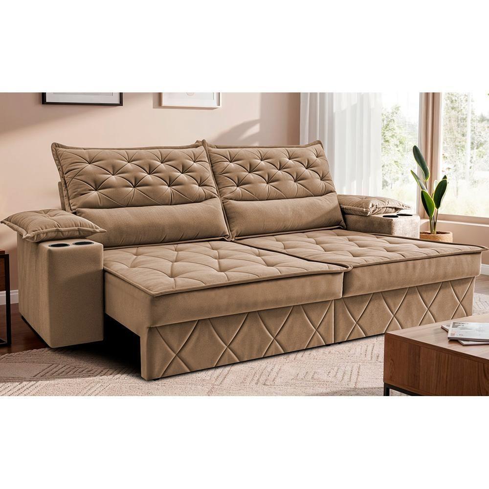 Sofá Retrátil E Reclinável 2,10m Com Porta Copos E Molas Cosmos. Velusoft Cama Inbox Bege - 1