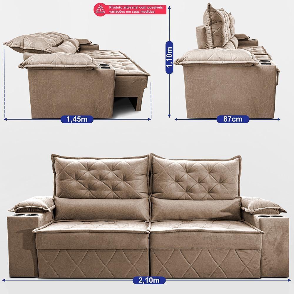 Sofá Retrátil E Reclinável 2,10m Com Porta Copos E Molas Cosmos. Velusoft Cama Inbox Bege - 3