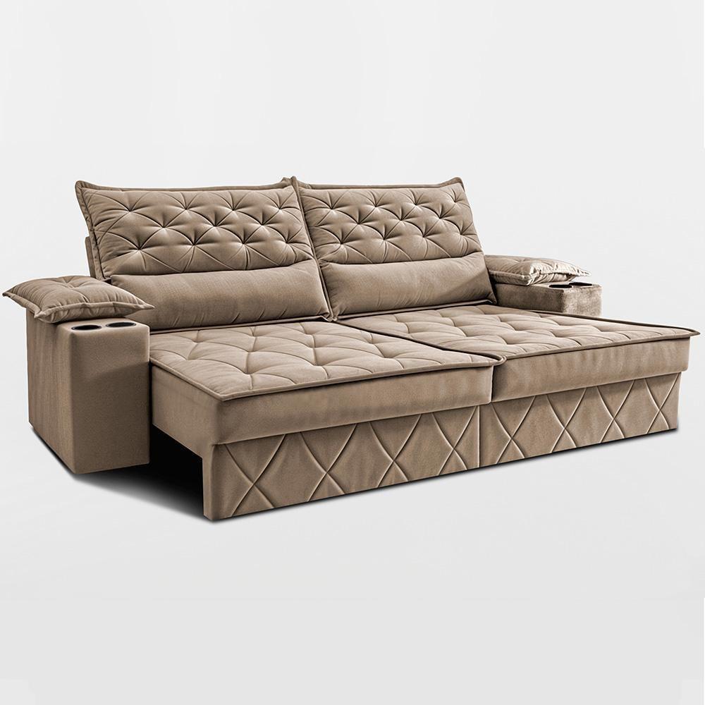 Sofá Retrátil E Reclinável 2,10m Com Porta Copos E Molas Cosmos. Velusoft Cama Inbox Bege - 8