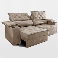 Sofá Retrátil E Reclinável 2,10m Com Porta Copos E Molas Cosmos. Velusoft Cama Inbox Bege - 6