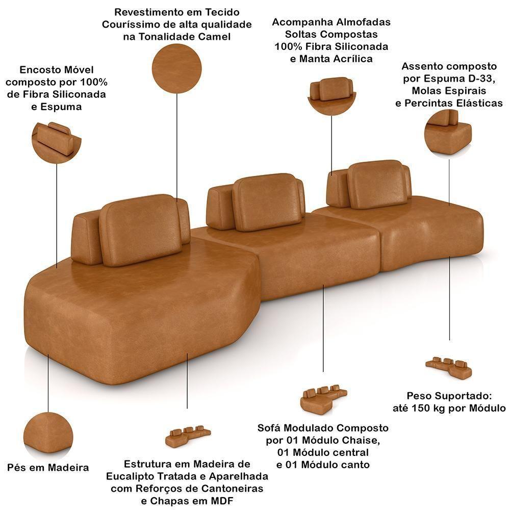 Sofá Ilha Modular Para Sala Living Orgânico 480cm Angra K01 Couríssimo Camel - Lyam Decor - 3