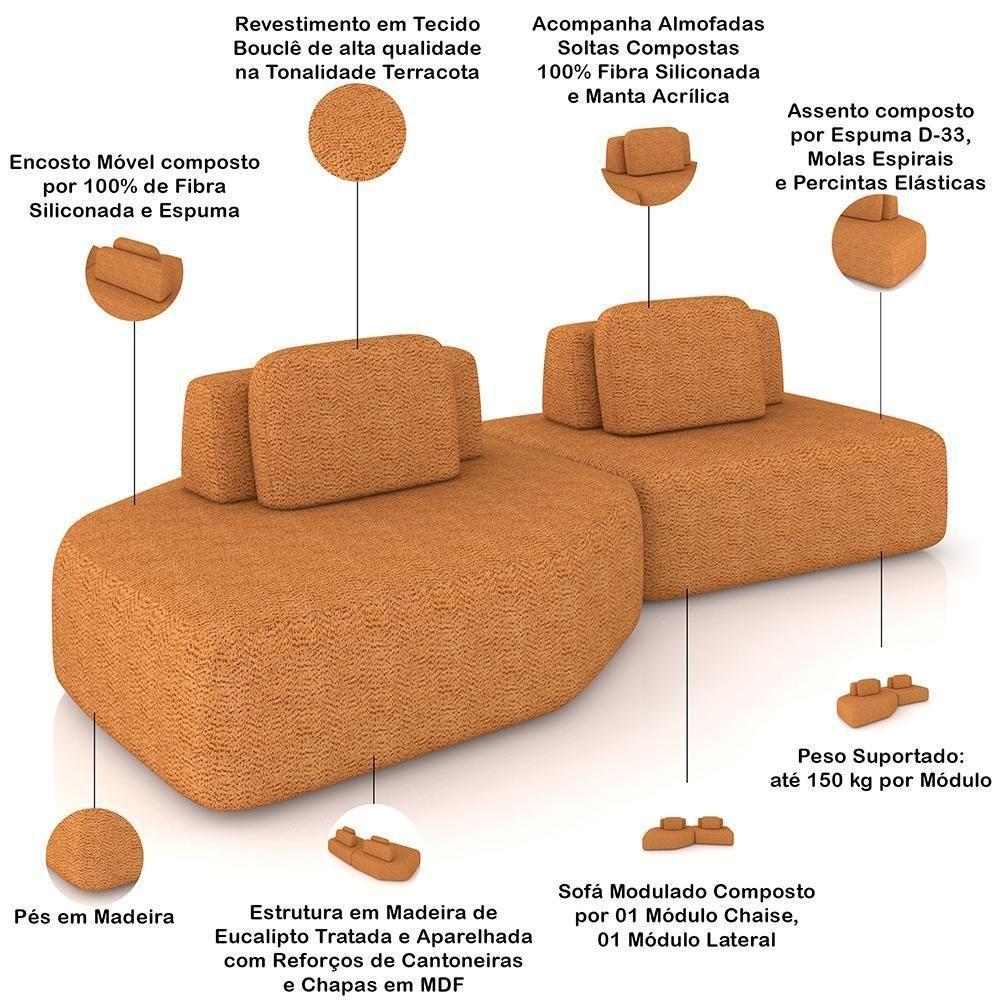 Sofá Ilha Modular Para Sala Living Orgânico 305cm Angra K01 Bouclê Terracota - Lyam Decor - 4