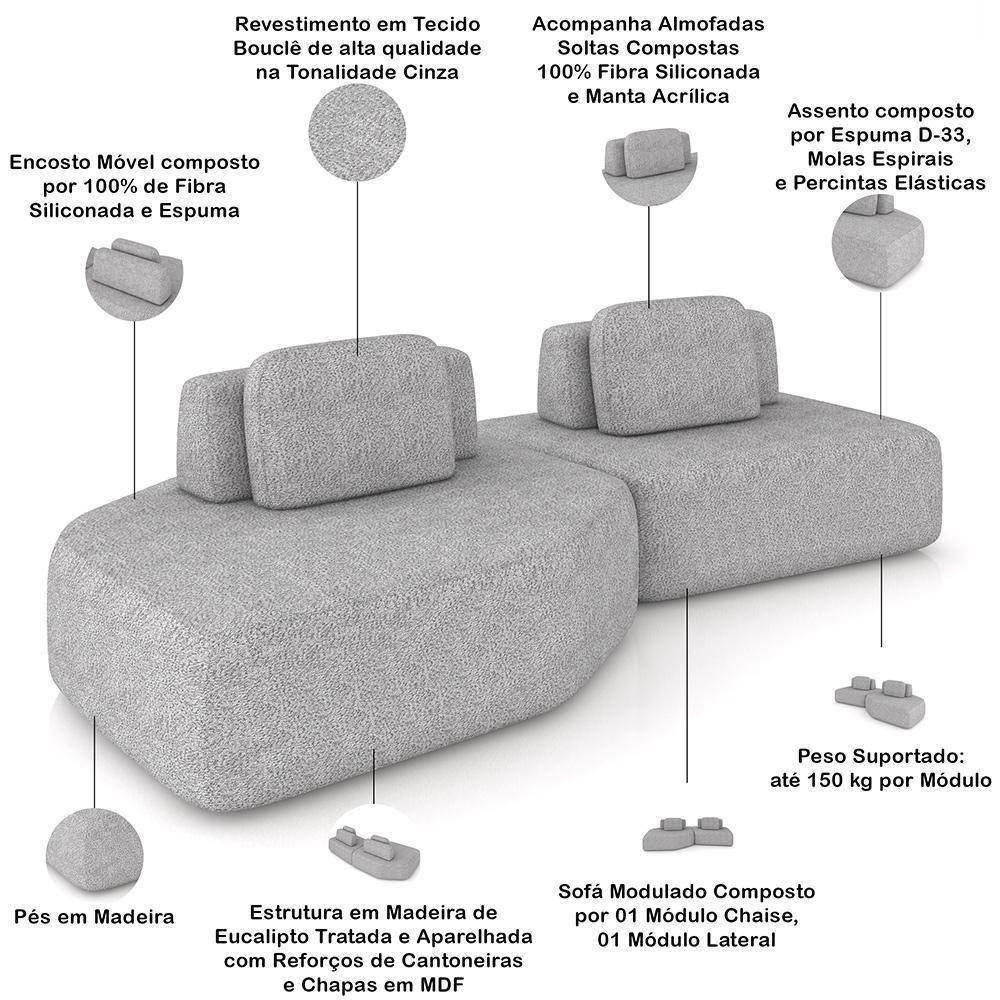 Sofá Ilha Modular Para Sala Living Orgânico 305cm Angra K01 Bouclê Cinza - Lyam Decor - 4