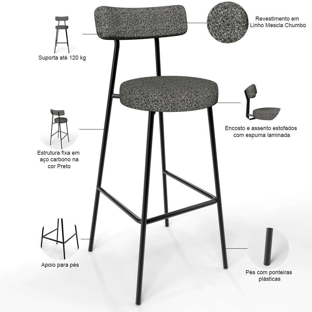 Kit 02 Banquetas Alta Bar Cozinha Sala De Jantar Estrutura Em Aço Milão L02 Linho Mescla Chumbo - Lyam Decor - 4