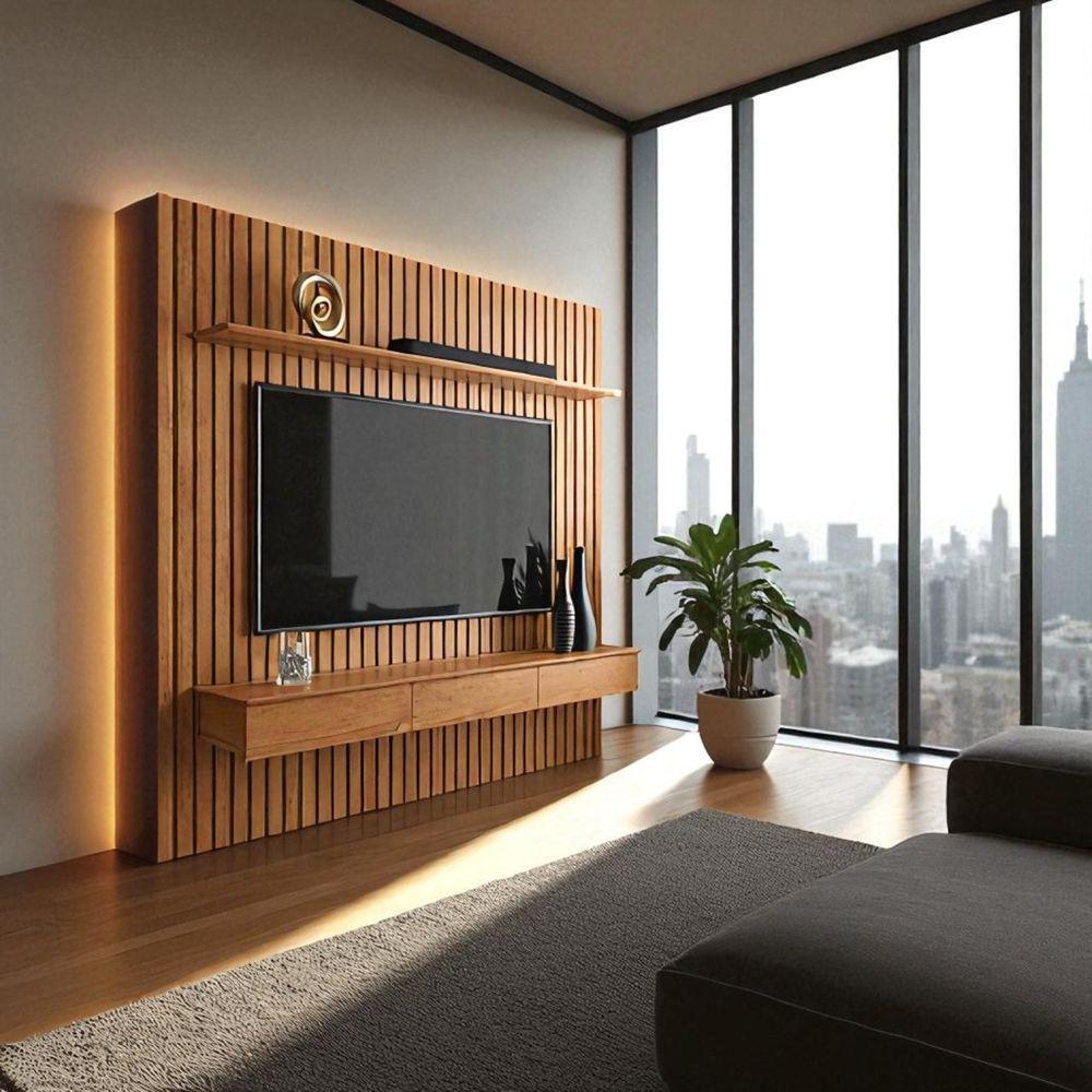 Painel Ripado Para Tv Até 55” Home Antares Nicho 3 Gavetas E Prateleira Fixação Na Parede Patrimar Cinamomo - 2